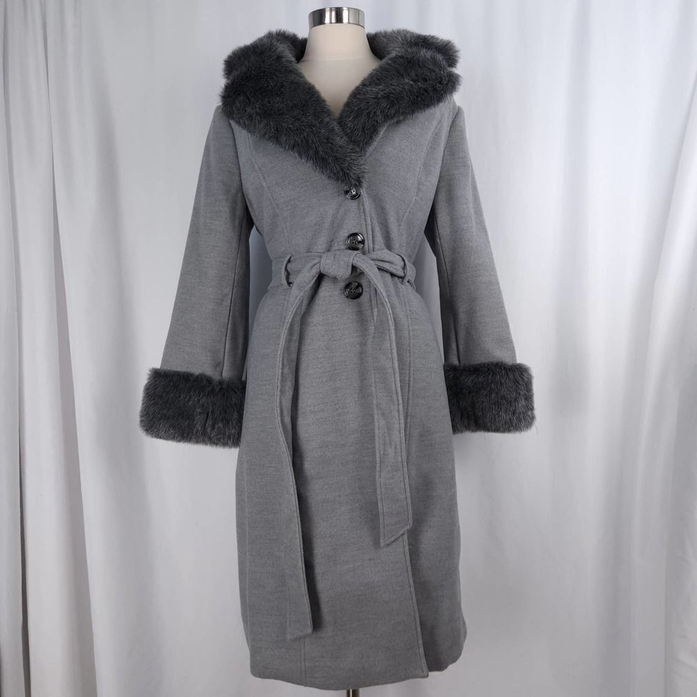 Lane Bryant Grey Full Length Trench Coat with Faux Fur Trim Size 10/12 - Picture 6 of 12